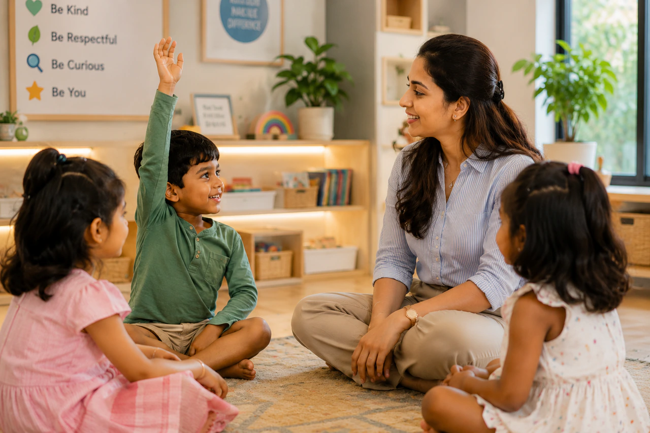 Teacher engaging with children in a classroom circle