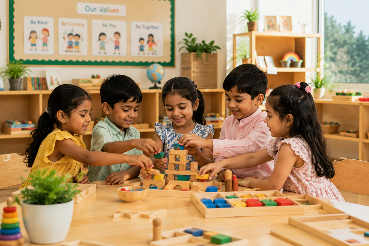 Children playing with colorful building blocks together