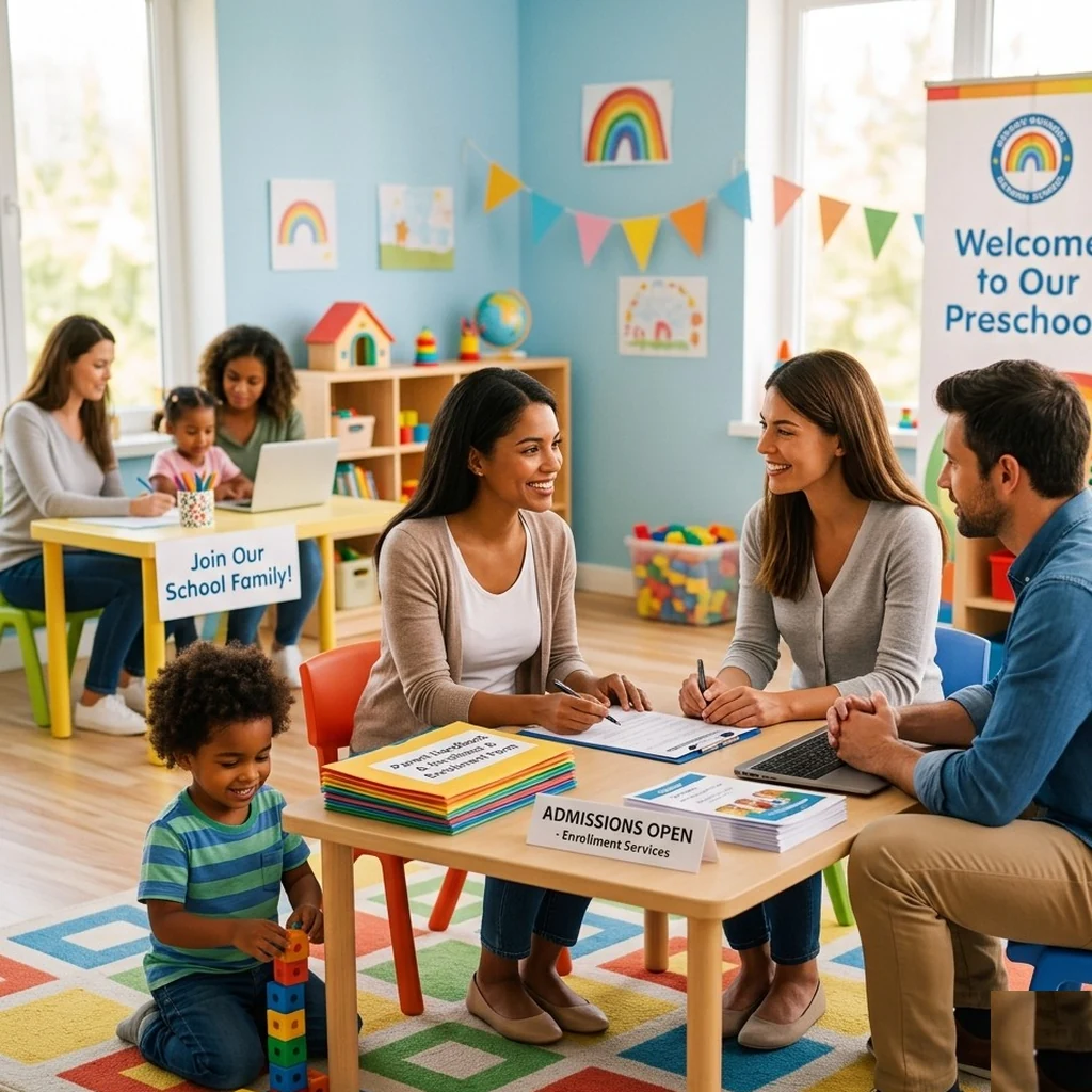 Preschool admissions meeting with parents and a child playing nearby